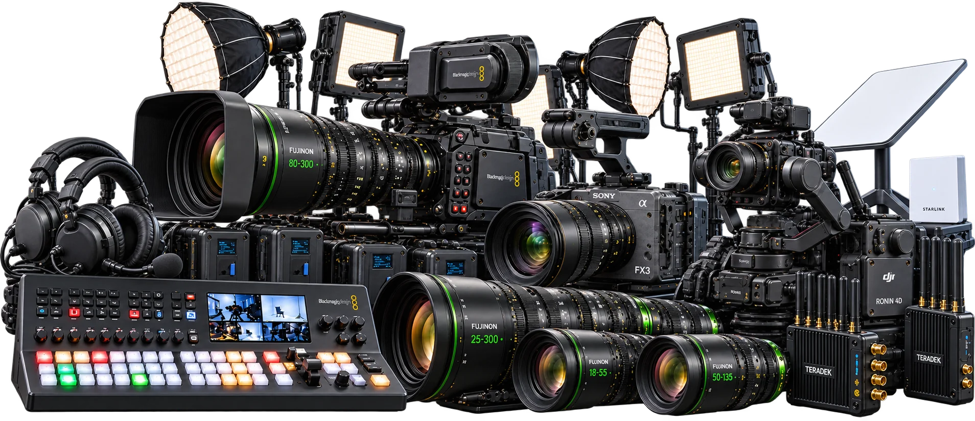 Dale al REC hire equipment: Blackmagic and Sony FX3 cameras, Fujinon lenses, DJI Ronin 4D, ATEM switcher, intercom, Teradek, Starlink and lighting