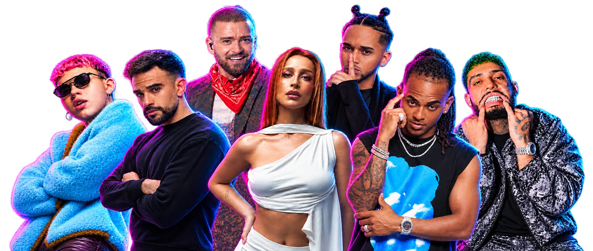 Artists and YouTubers who have been through Dale al REC's live production: Beéle, Illo Juan, Justin Timberlake, Belén Aguilera, Bryant Myers, Ozuna, JC Reyes