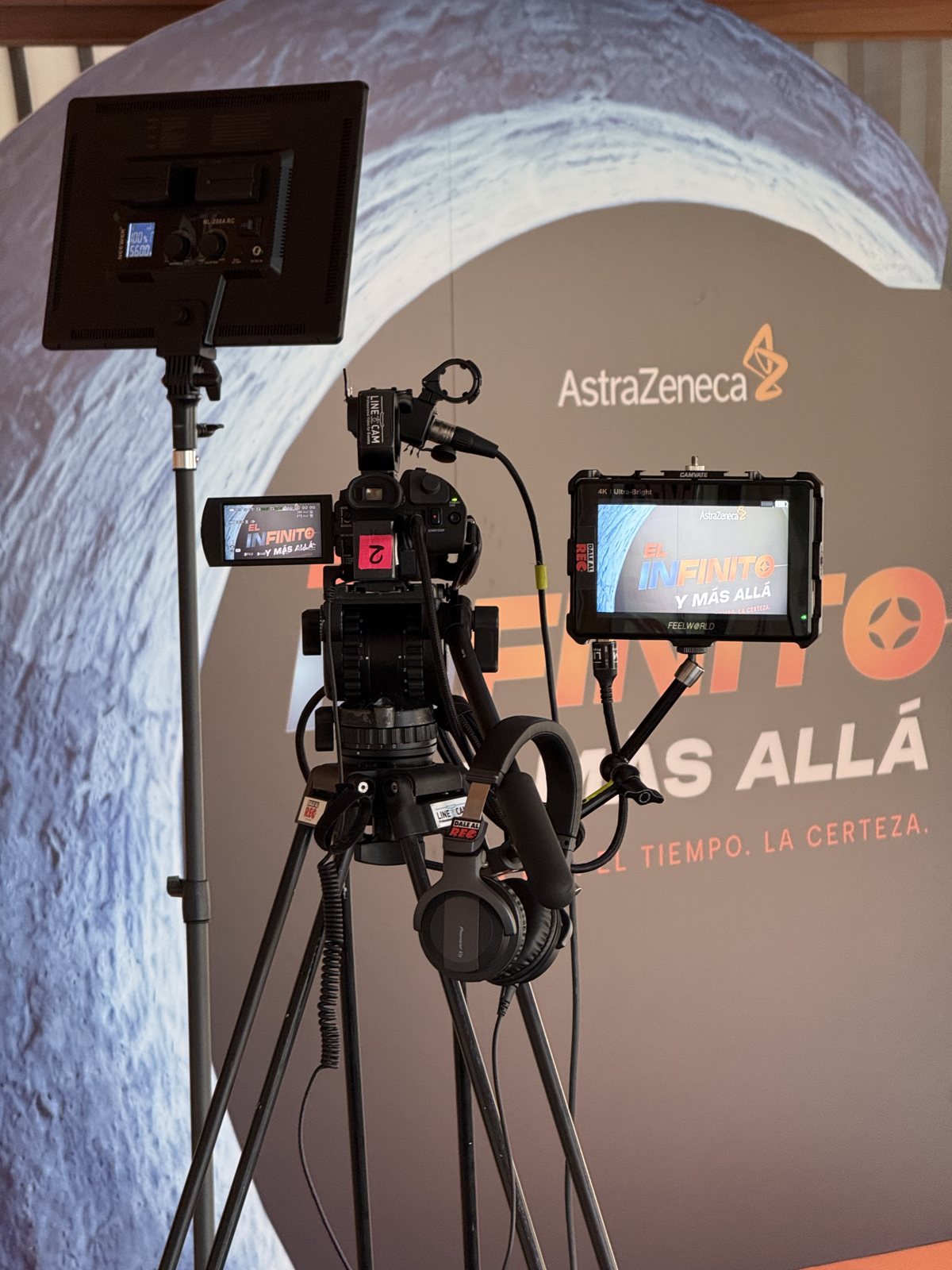 Camera with monitor and LED light set up to film a corporate event